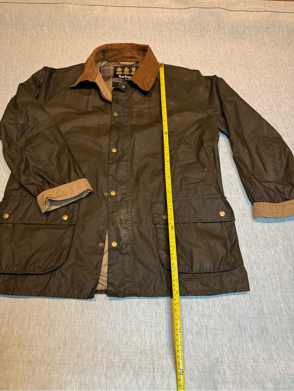 Barbour Dark Olive Waxed Field Jacket with Tan Cord Collar - Picture 4 of 16